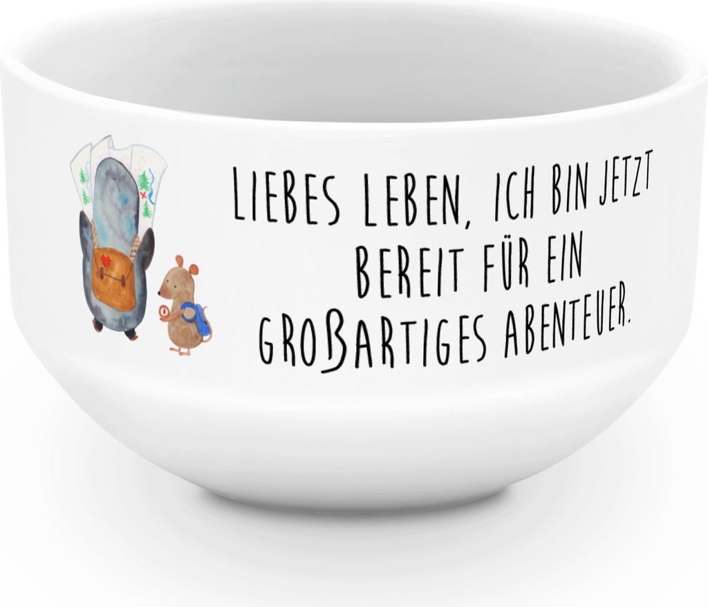 Mr. & Mrs. Panda Schüssel Pinguin & Maus Wanderer - Weiß - Geschenk, schöne Müslischale, salatschälchen, Abenteuer, Roadtrip, schale, Wandern,...