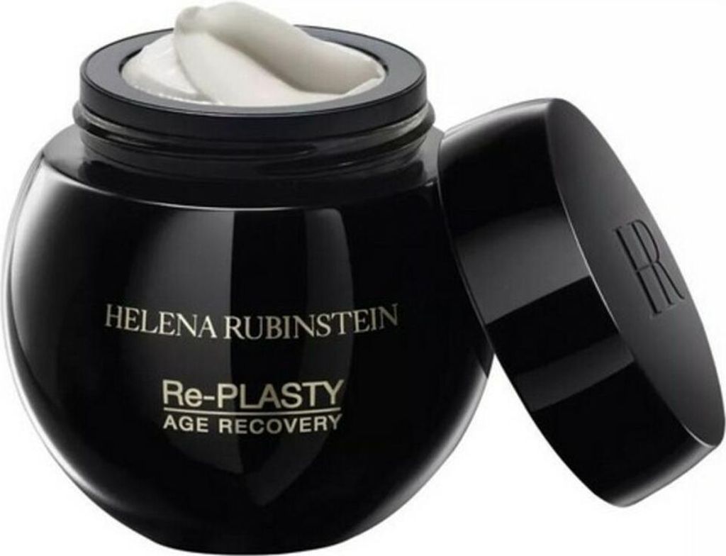 A black jar of Helena Rubinstein Re-Plasty Age Recovery night cream with the lid open.
