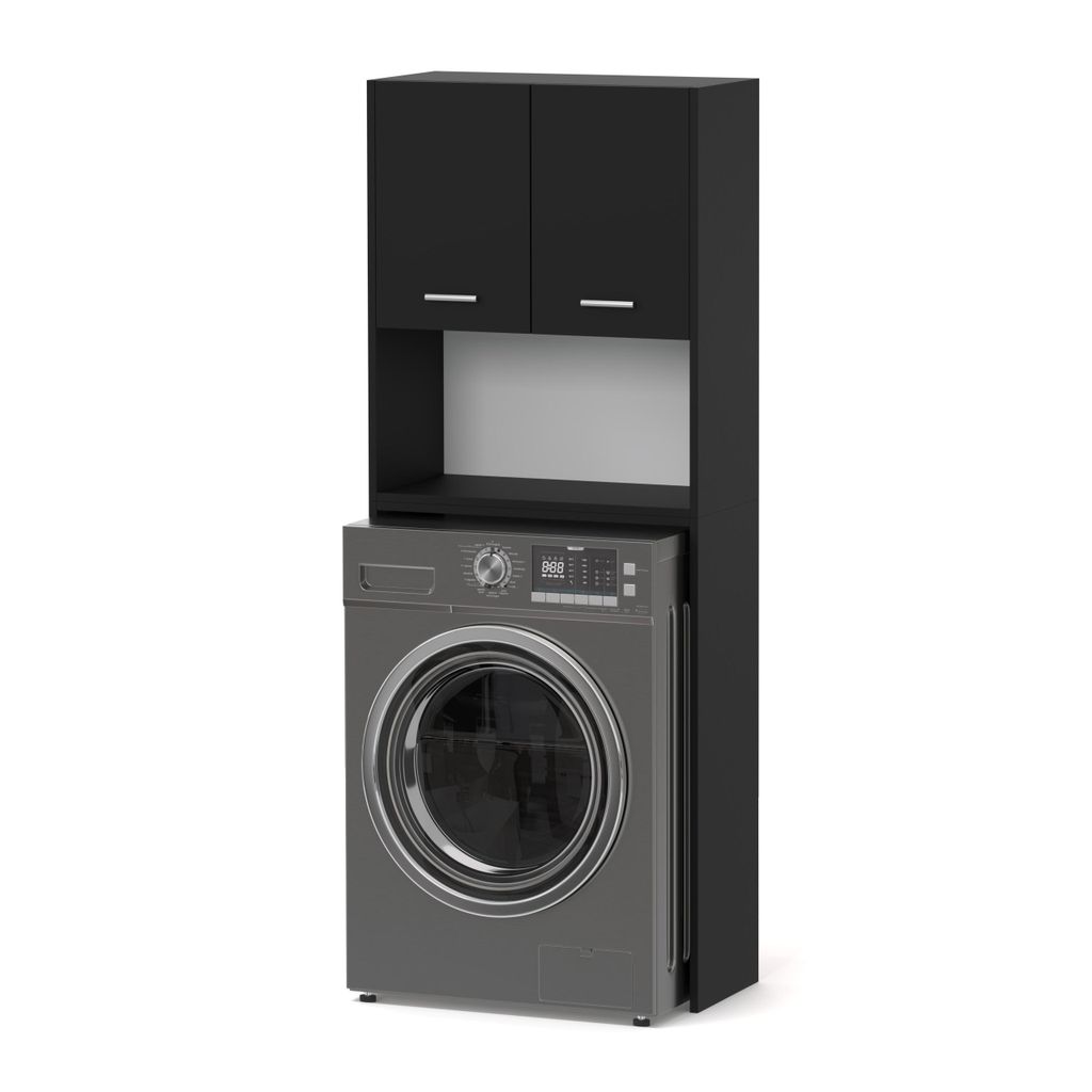 A black cabinet with two doors sits above a gray washing machine.