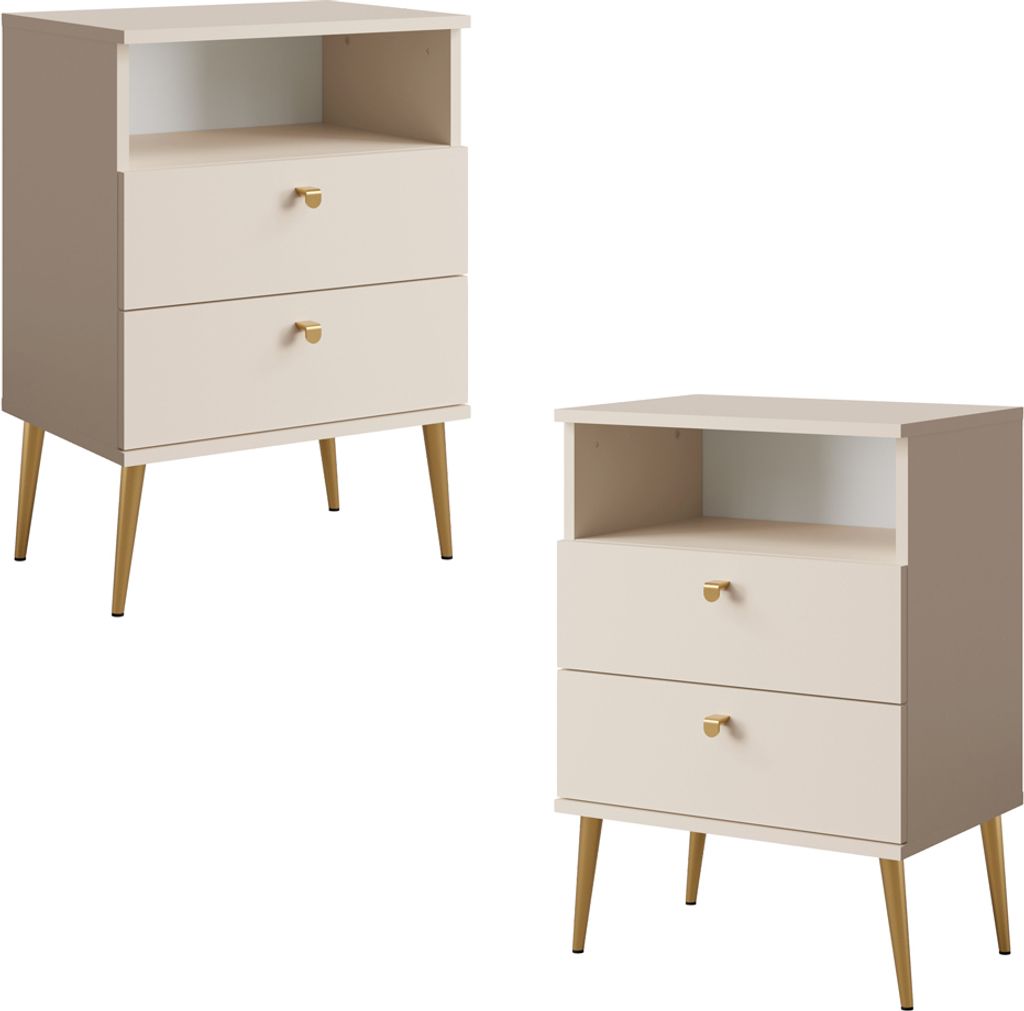 Nachtschrank 2er Set beige mit Metallfüßen goldfarben HULL-166
