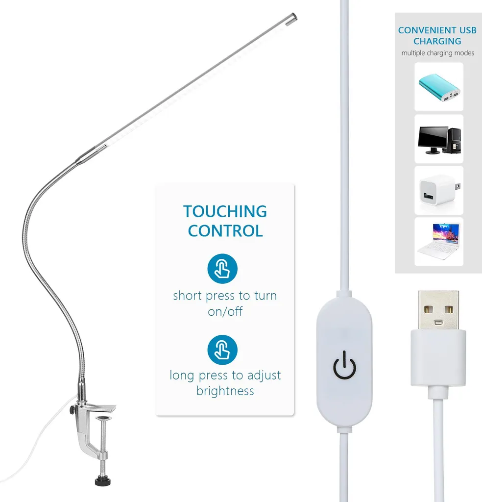 Lampe de bureau USB à pince LED blanche tactile et intensité variable - 6