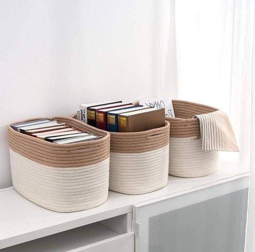 20 l Aufbewahrungskörbe aus Baumwollseil – 3er-Set – Aufbewahrungskörbe für Regale – faltbar – Badezimmer-Aufbewahrungskörbe mit Griffen