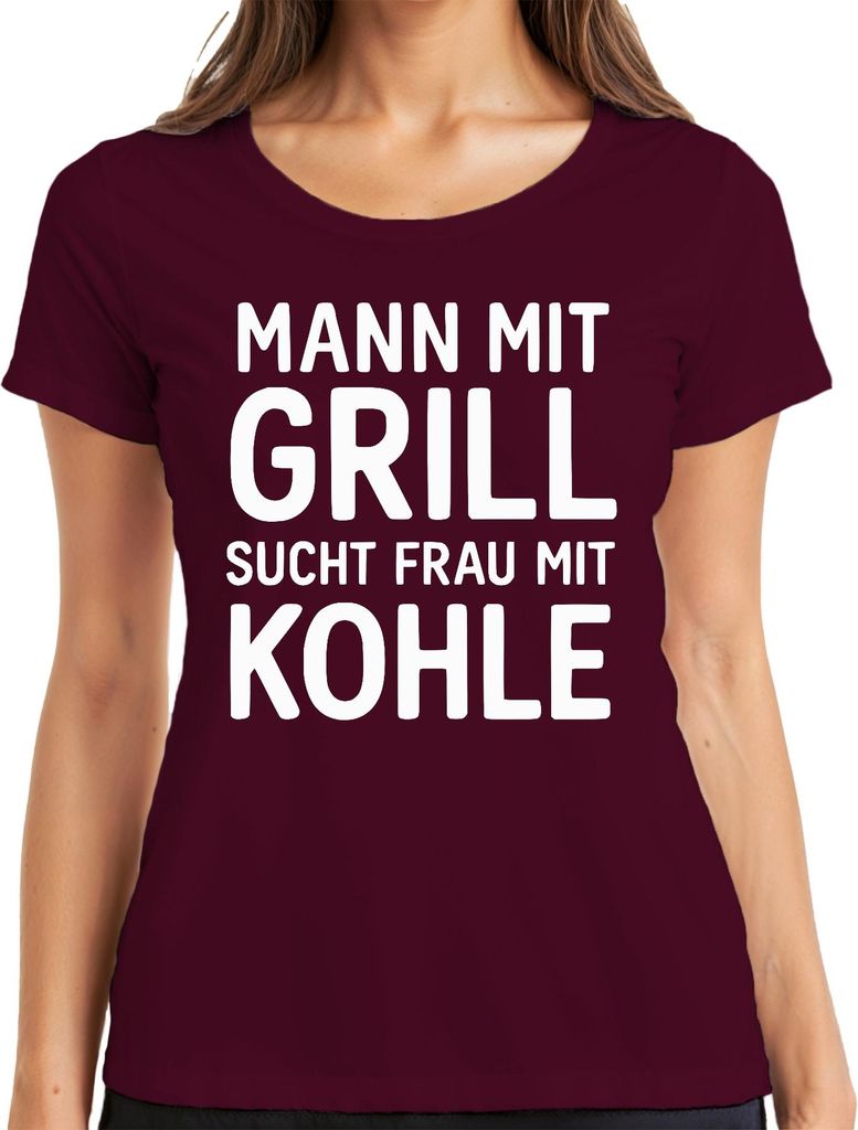 Mann mit Grill sucht Frau mit Kohle lustiger Sugar Mommy Spruch Damen T-Shirt, Burgundy, XL