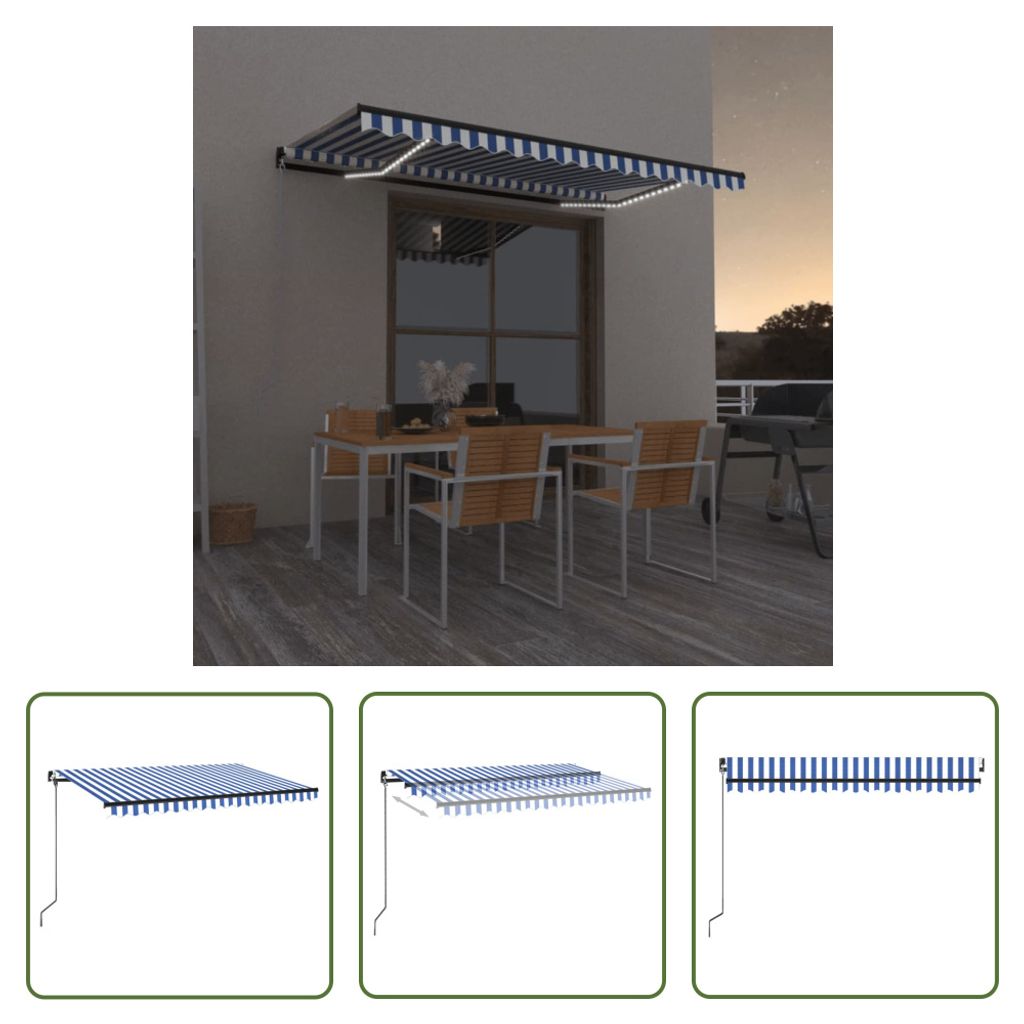 The Living Store Markise Manuell Einziehbar mit LED 450x350 cm Blau und Weiß