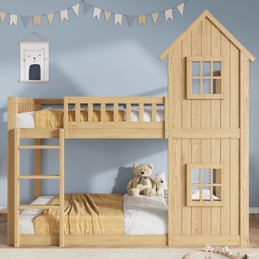 Flieks Etagenbett 90x200cm mit Rausfallschutz, Kinderbett Hausbett mit Fenster, Hochbett Einzelbett 2 Kinder, Bodenbett mit Lattenrost, Naturbelassen