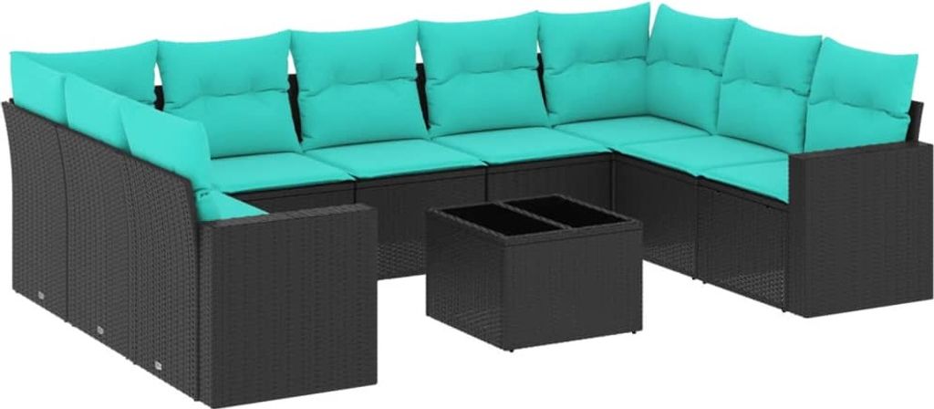 vidaXL 10-tlg. Garten-Sofagarnitur mit Kissen Schwarz Poly Rattan