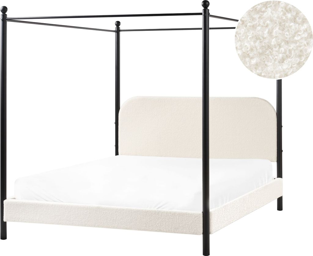 BELIANI Himmelbett Cremeweiß Bouclé-Stoffbezug u. Metall mit Lattenrost 160x200 cm Hohes Kopfteil Modernes Design Doppelbett mit Baldachin Himmel