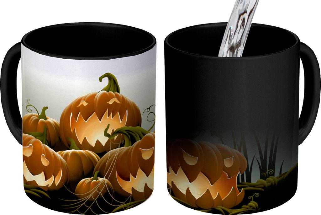 MuchoWow Zauber Tasse Zaubertasse Magic Eine Illustration von lachenden Kürbissen zu Halloween 350 ml Farbwechsel Becher Geschenk Geschenkidee -...