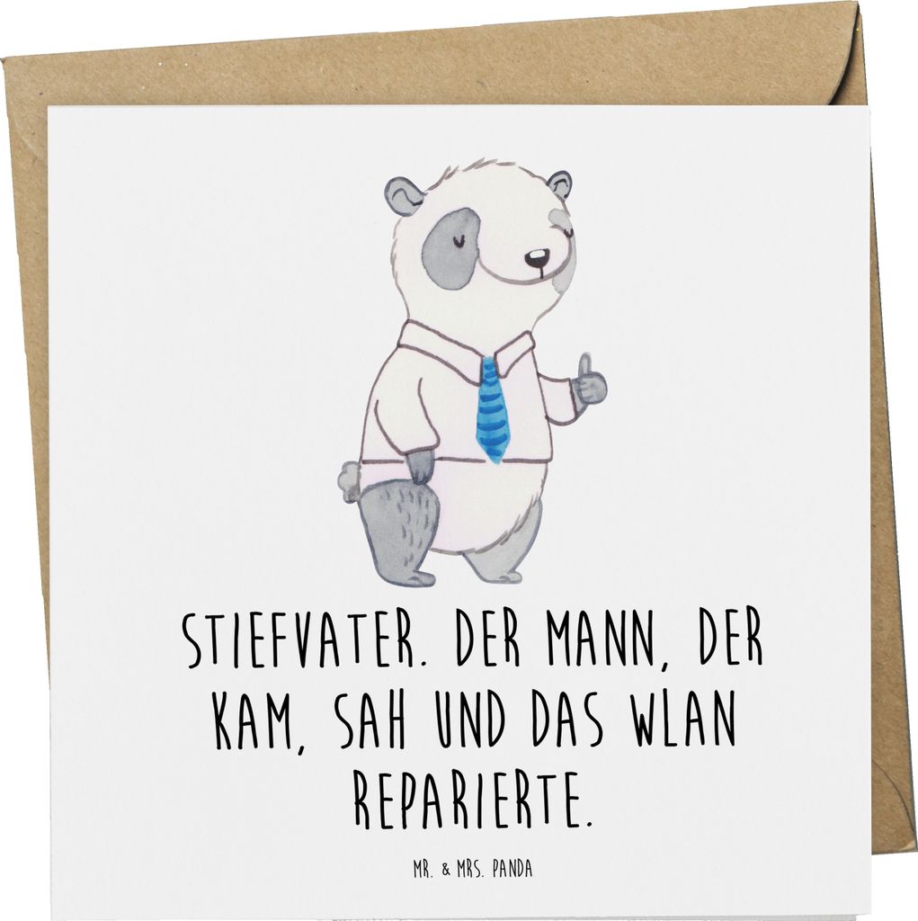Mr. & Mrs. Panda Grußkarte Stiefvater Held - Weiß - Geschenk, Liebe, faltkarte, Lächeln, Glückwunschkarte, reparierte, Verwandte, Technik, anla...