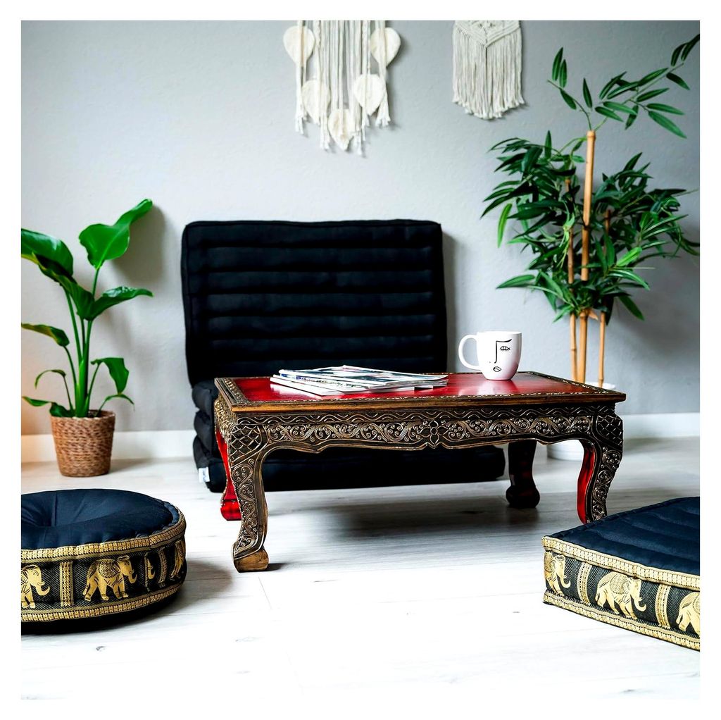 Opiumtisch aus Massivholz – 75x50x30cm – Handgeschnitzter Beistelltisch aus Thailand mit Goldverzierungen