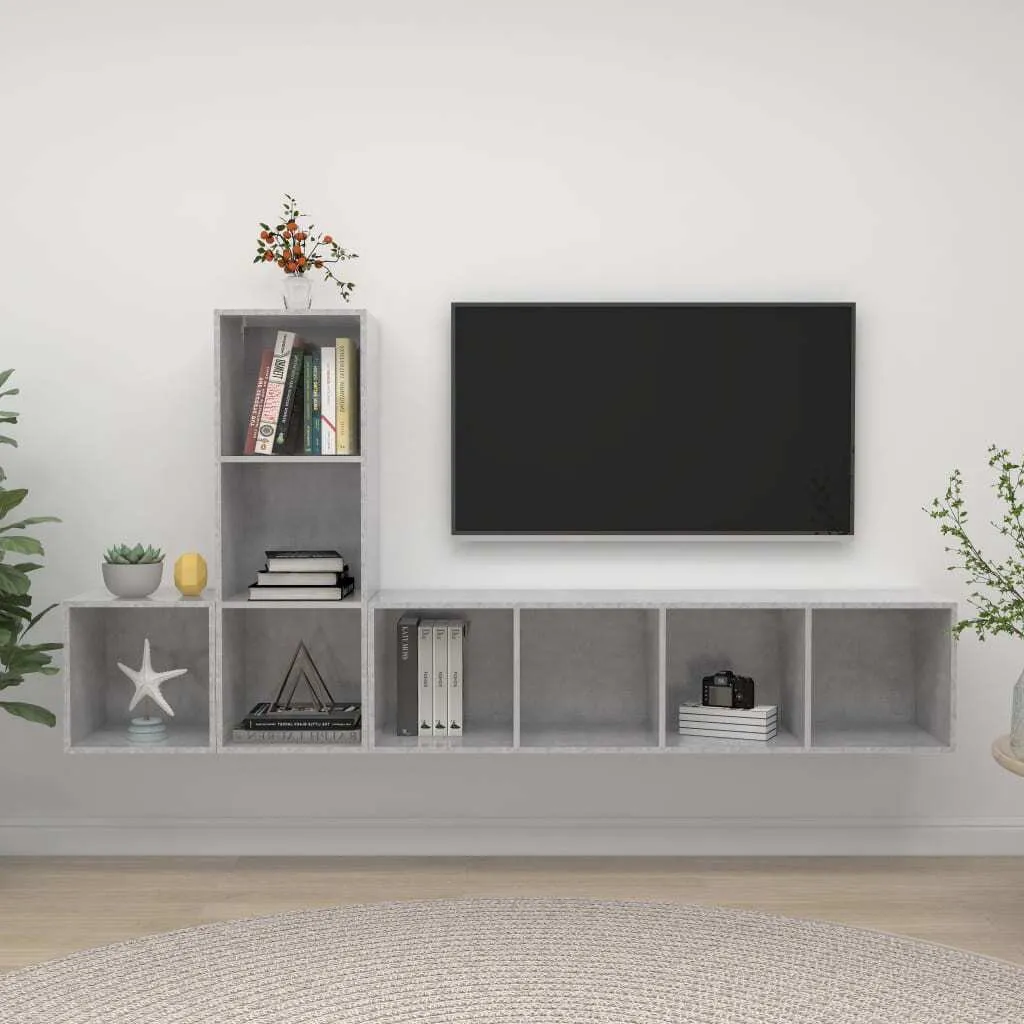 Meuble TV gris béton 3 modules en bois d'ingénierie robuste et stable - 2