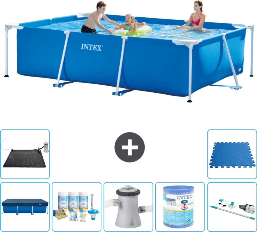 Intex-Schwimmbecken mit rechteckigem Rahmen – 300 x 200 x 75 cm – Blau – im Lieferumfang enthalten Abdeckung - Wartungspaket - Filterpumpe f...