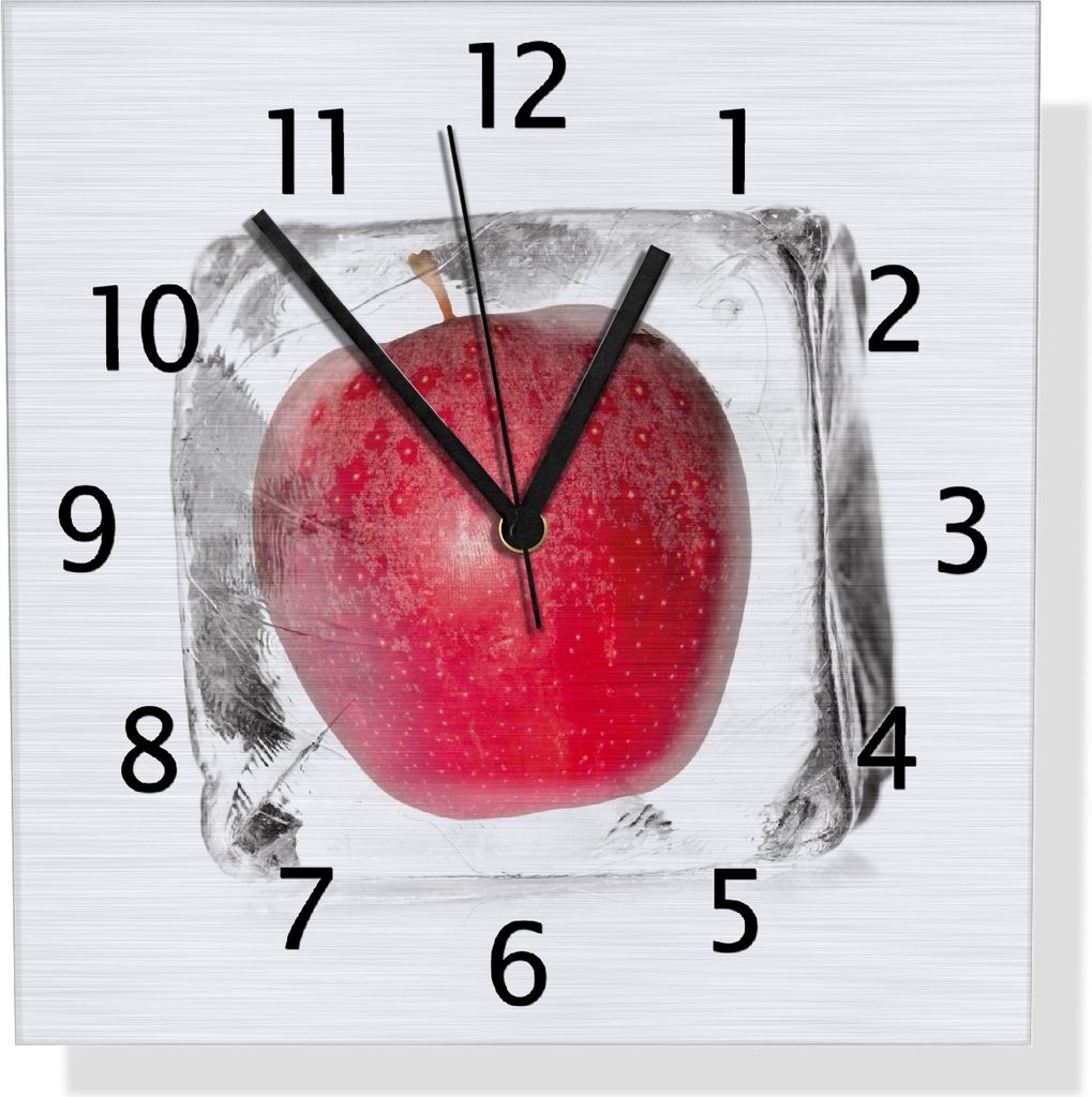 Wallario Design Wanduhr Roter Apfel in Eiswürfel - Eiskaltes Obst aus Aluverbund, Größe 30 x 30 cm