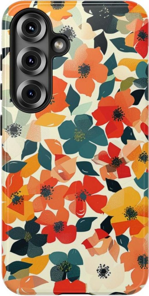 Lebhaftes Blumenmuster mit geometrischen Blättern – Hülle Kompatibel mit Samsung Galaxy S25