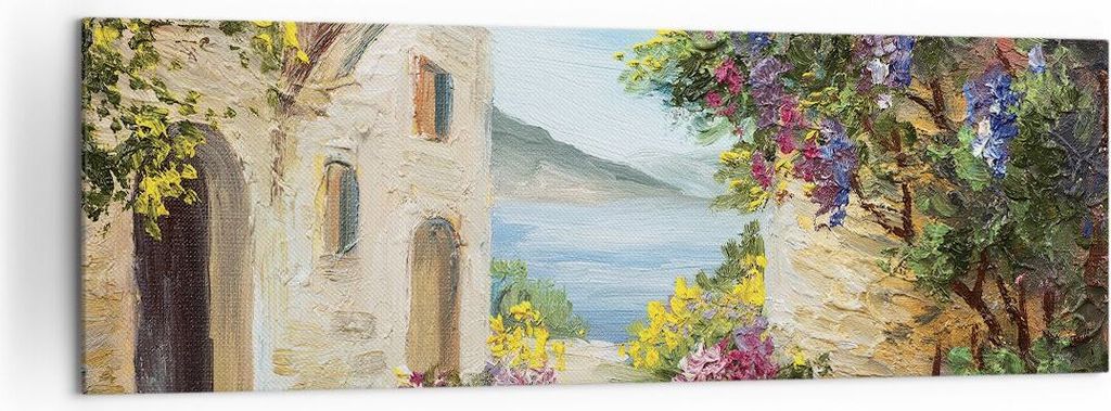 Bild auf Leinwand - Leinwandbild - Einteilig - Haus Santorini Blumen - 160x50cm - Wand Bild - Wanddeko - Wandbilder - Leinwanddruck - Bilder - Wand...