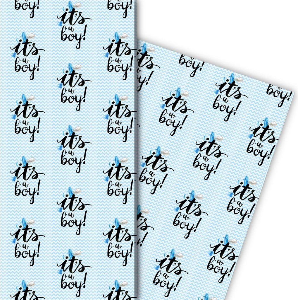 Hellblaues Baby Geschenkpapier mit Schnuller it's a boy, großes Muster - G7687, 32 x 48cm