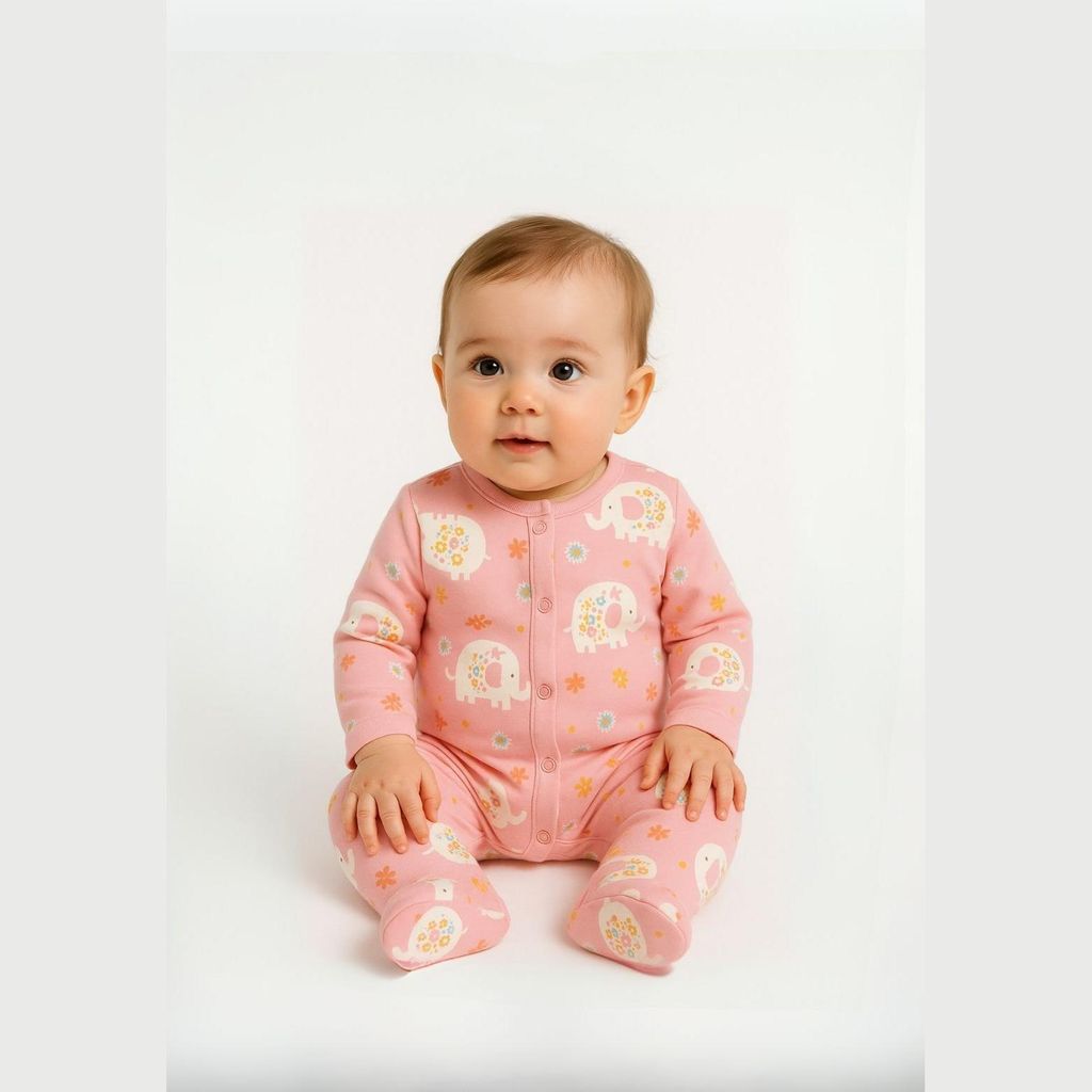 Minoti Baby Strampler 100% Baumwolle Rosa Elefanten-Print für Mädchen - 2er Pack Schlafanzug mit Druckknöpfen