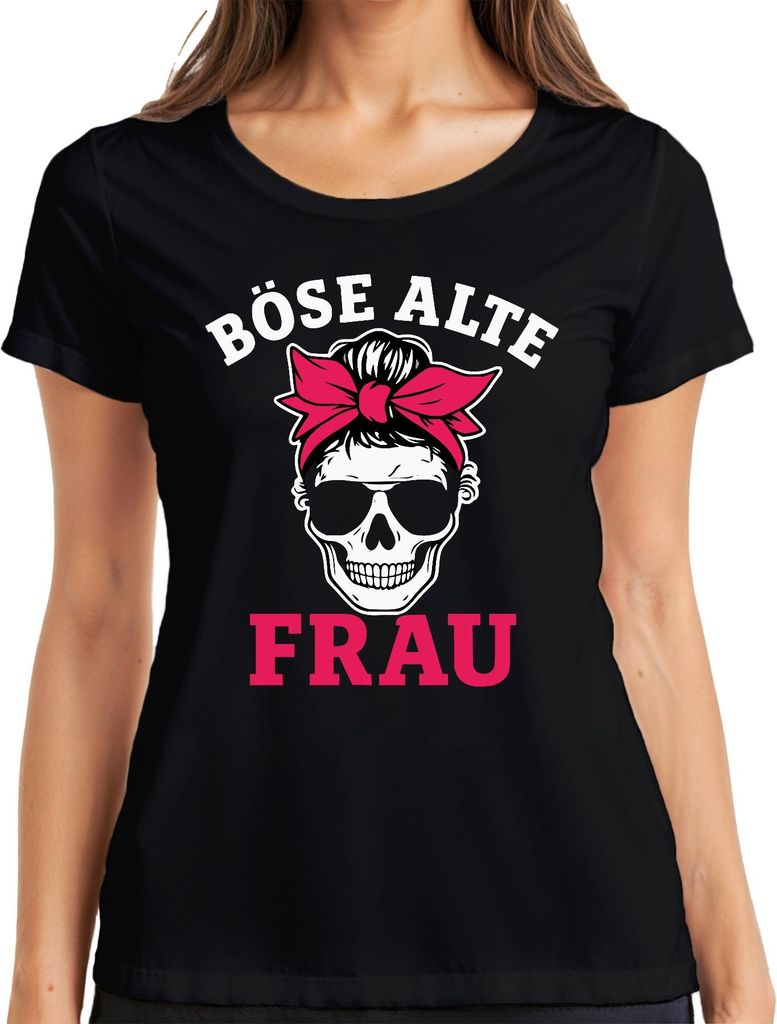 Böse Alte Frau Totenkopf Bandana Sonnenbrille Oma Biker Rocker Damen T-Shirt, Schwarz, M