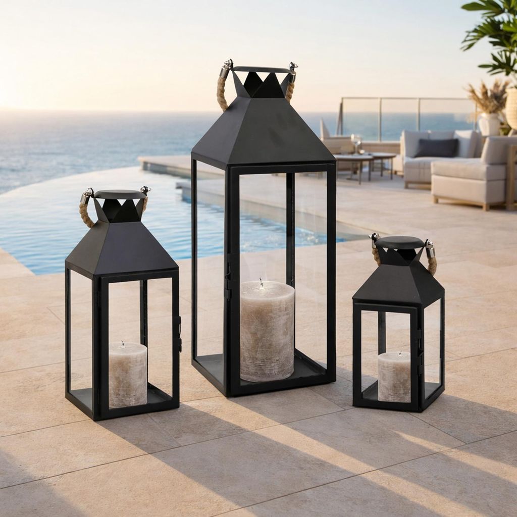 3er Laternen Set Stalllaterne Windlicht Schwarz Metall H25/40/51cm