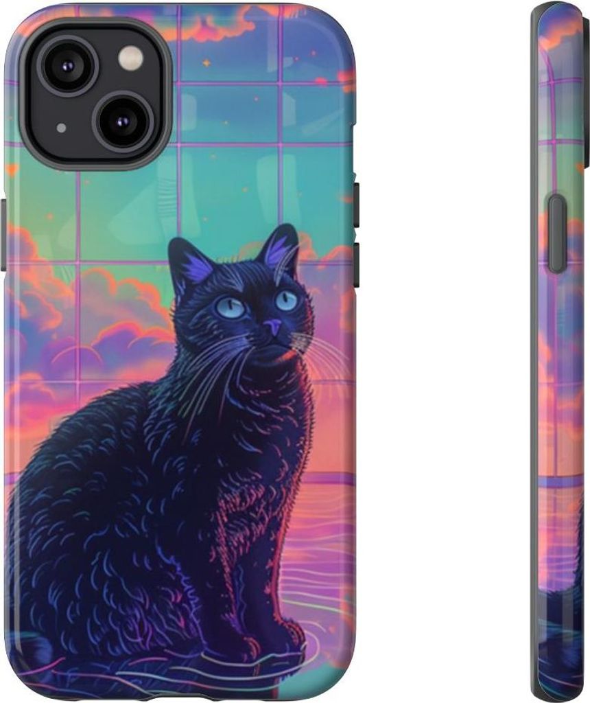 Schwarze Katze vor neonfarbenem Himmel – Hülle Kompatibel mit iPhone 14 Plus