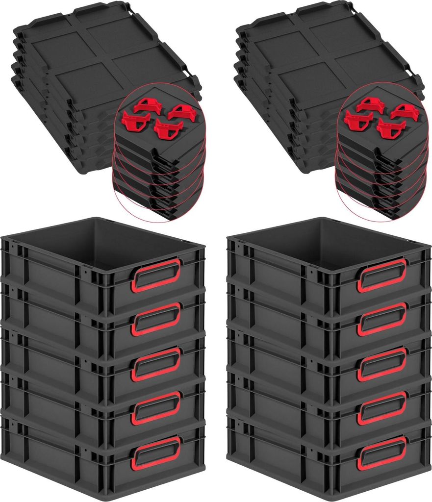 SparSet 10x Eurobox NextGen Color mit Auflagedeckel und Schiebeschnappverschlüsse | HxBxT 12x30x40cm | 11 Liter | Schwarz | Griffe rot geschlossen...