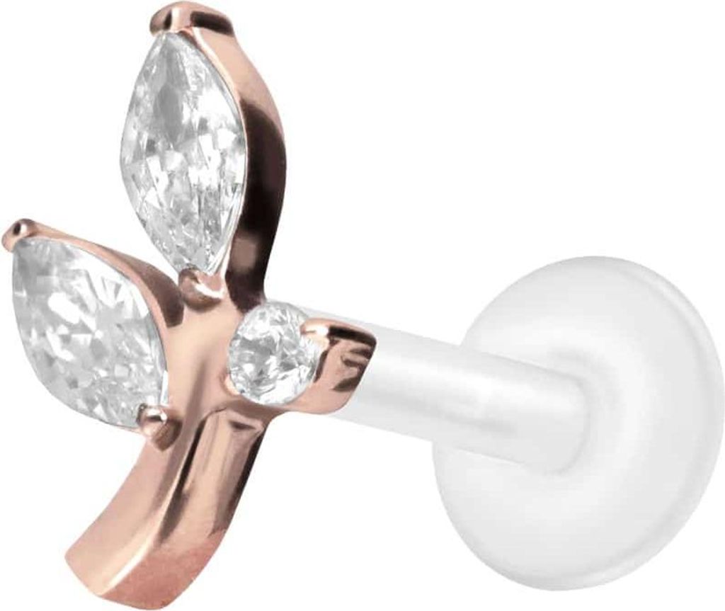 Ohrpiercing, Nasenpiercing PTFE Labret mit Innengewinde + Titan-Aufsatz KRISTALLZWEIG RoséGold Stablänge: 9mm | Stabstärke: 1,2mm
