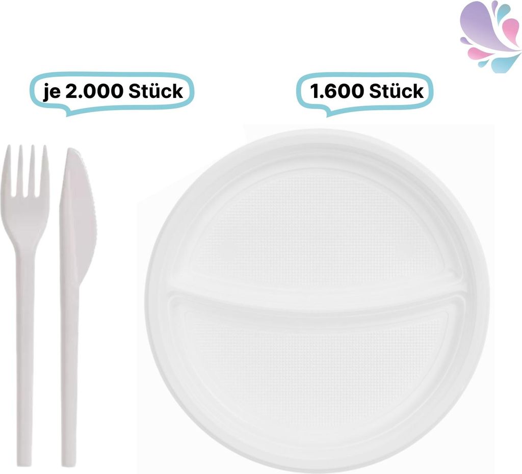 SET: Menüteller & Besteck, Mehrwegbesteck, 1600x Teller & 2000x Besteck, weiß, robust, , verschiedene Varianten : Variante - 2-geteilt Variante: ...