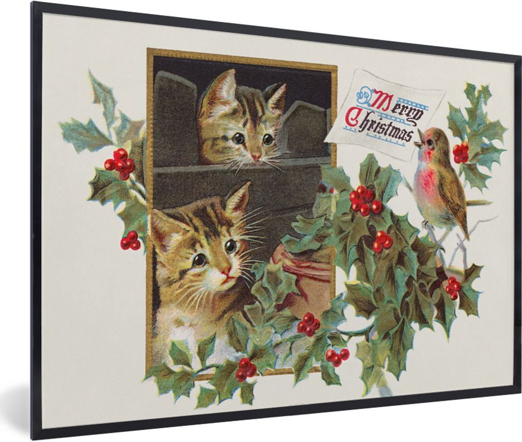 MuchoWow Gerahmtes Poster Weihnachten - Katzen - Vogel 60x40 cm - Poster mit Schwarzem Bilderrahmen Wandposter Rahmen Foto Bilder - Printing - Wa...