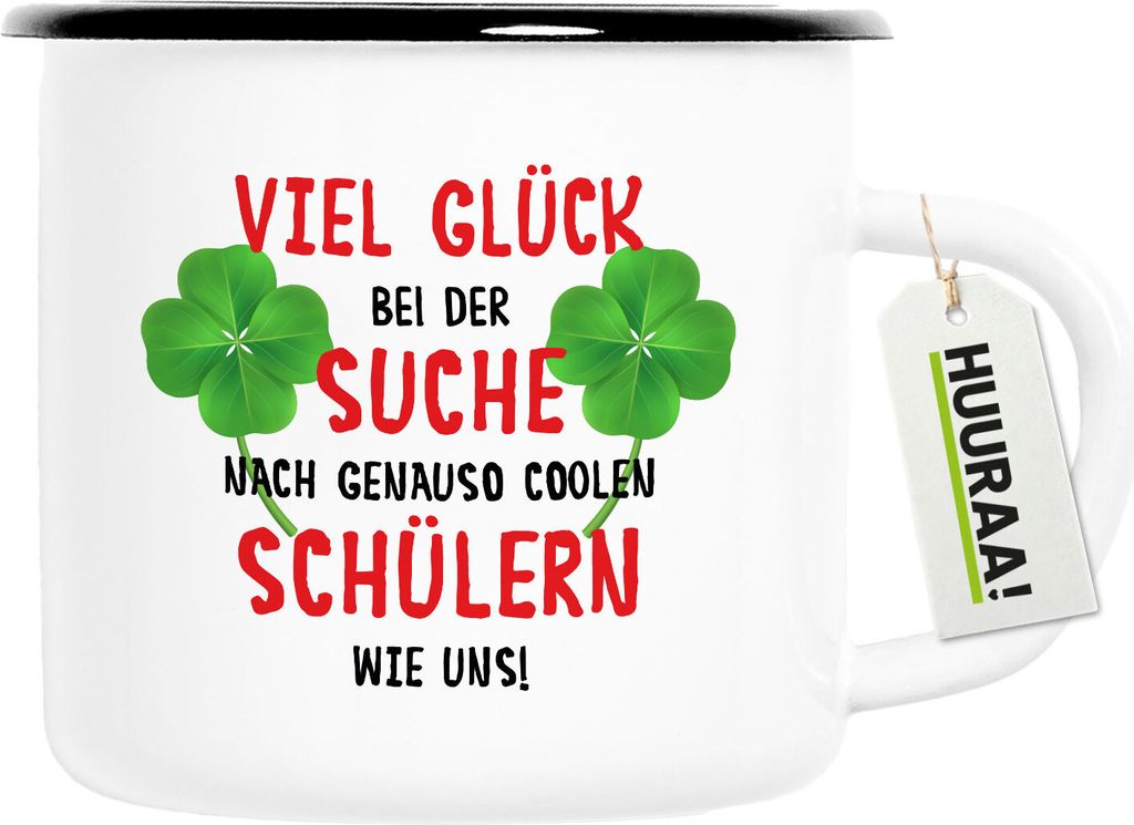 Huuraa Emaille Tasse Glück bei suche coole Schüler 300ml Vintage Campingbecher Geschenkidee