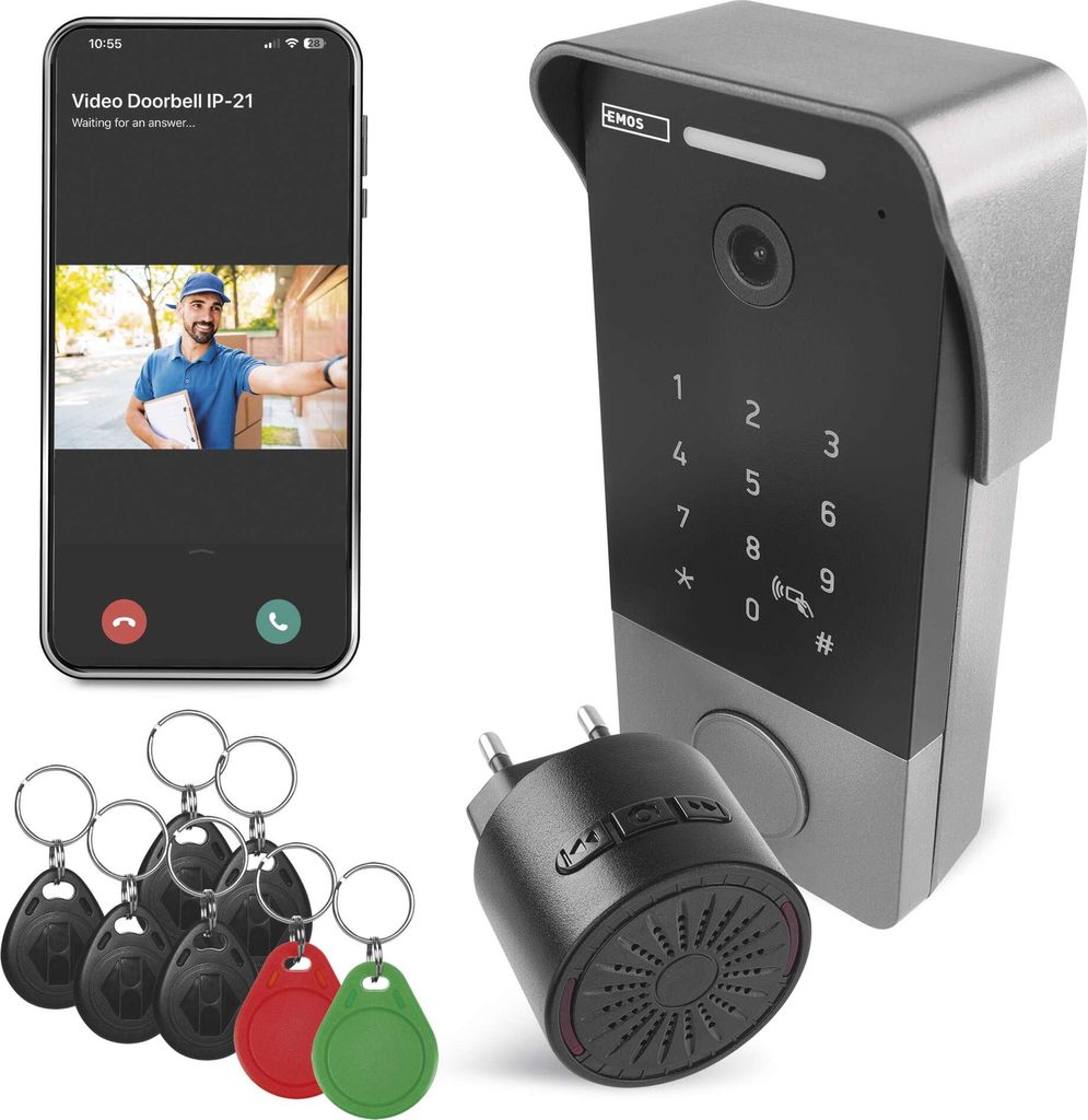 EMOS GoSmart Video-Türklingel mit App, 1-Draht Ethernet Verbindung, wasserfest, FullHD 2Mp Kamera, mit Codeschloss, Klingel, Netzteil, RFIDs, H4034