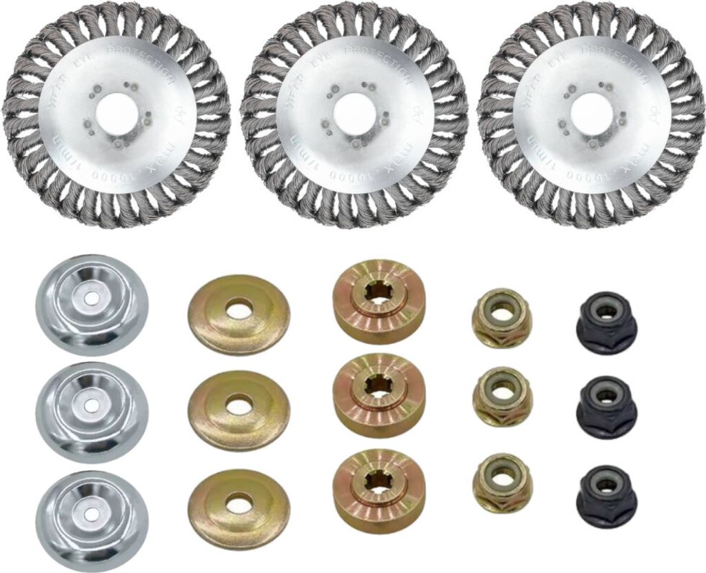 3x Trade-Shop 15x2,54cm Stahldrahtbürste inkl. Adapter-Set (u.a. M10 / M12 Sicherungsmutter) für Honda UMK425 UMK435 UMK431, Dolmar MS25 MS30 MS340
