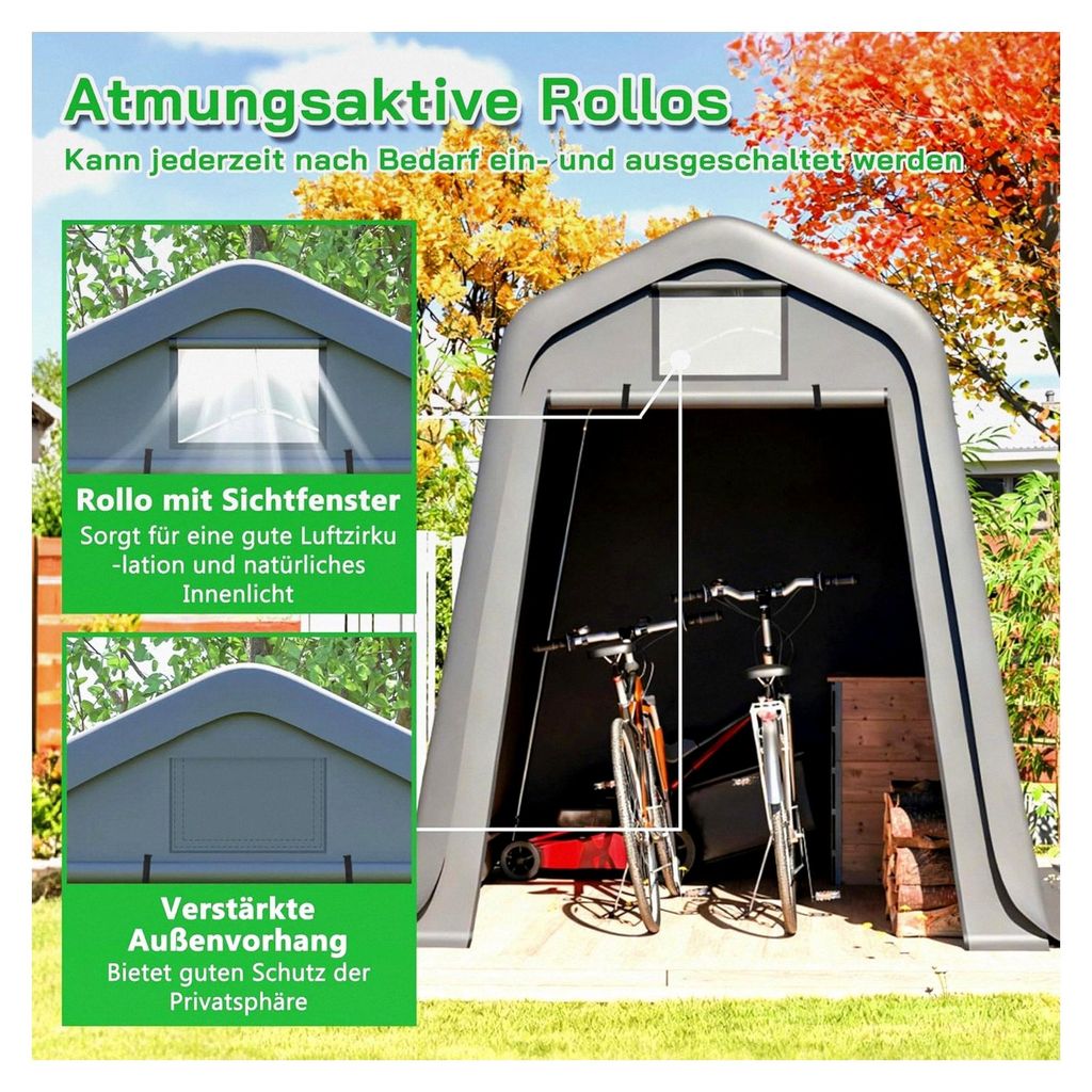 Geräteschuppen 366x213x225 cm mit Spitzdach, Gartenhaus mit Rolltor und Belüftungsfenster, wasserdichtes PE-Material inkl. L-Erdnägel, für Moto...
