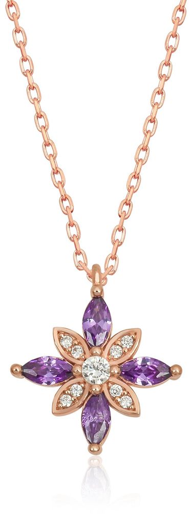 Damen 925 Sterling Silber Blumen Anhänger Kette lila Zirkonsteine Rosegold elegant