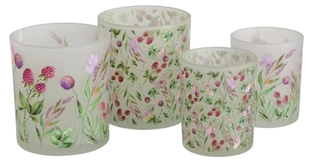 4er Set Windlichter Blumen aus Glas Kerzenhalter Frühlingsdeko Gartendeko Vintage Shabby Chic Osterdeko Teelichthalter Windlicht