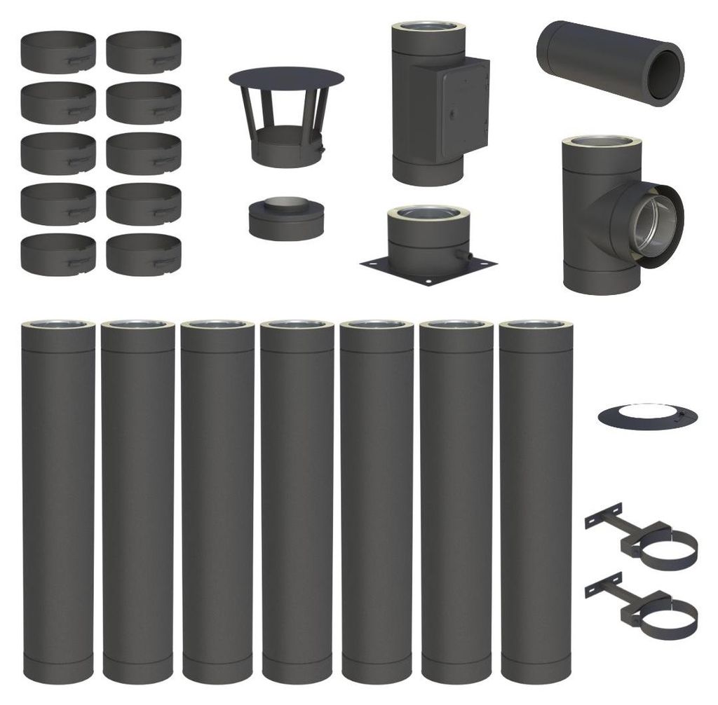 7,6 m Edelstahlschornstein Ø 180 mm Komplettset doppelwandig DW-Black Bodenmontage