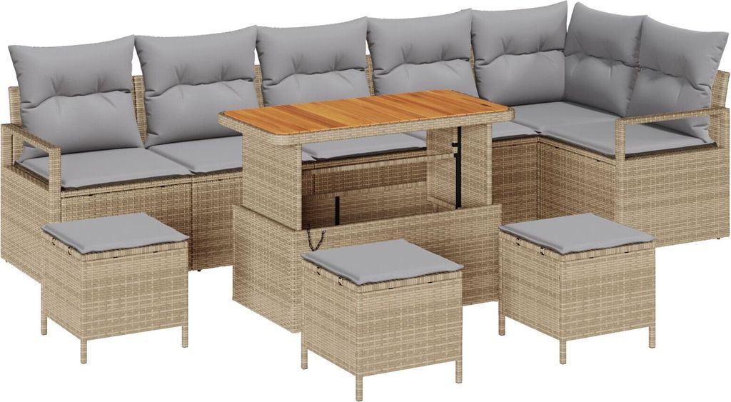 10-teiliges Garten Sofa Set mit Kissen Beige Poly Rattan Akazie, 2-Sitzer Garten Sofa mit Stauraum & Kissen Beige Poly Rattan, 4-teiliges Garten Es...