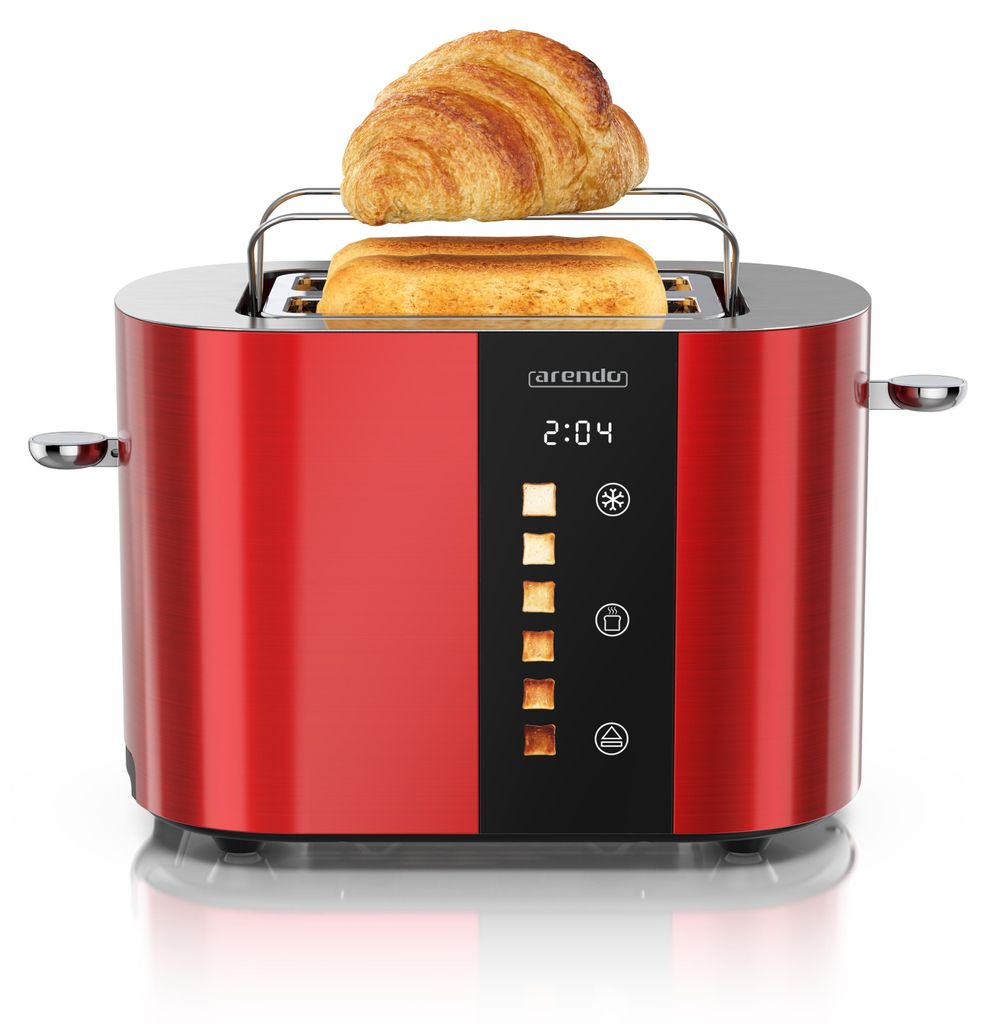 A red Arendo toaster with a croissant and two slices of toast on top, placed on a white reflective surface.