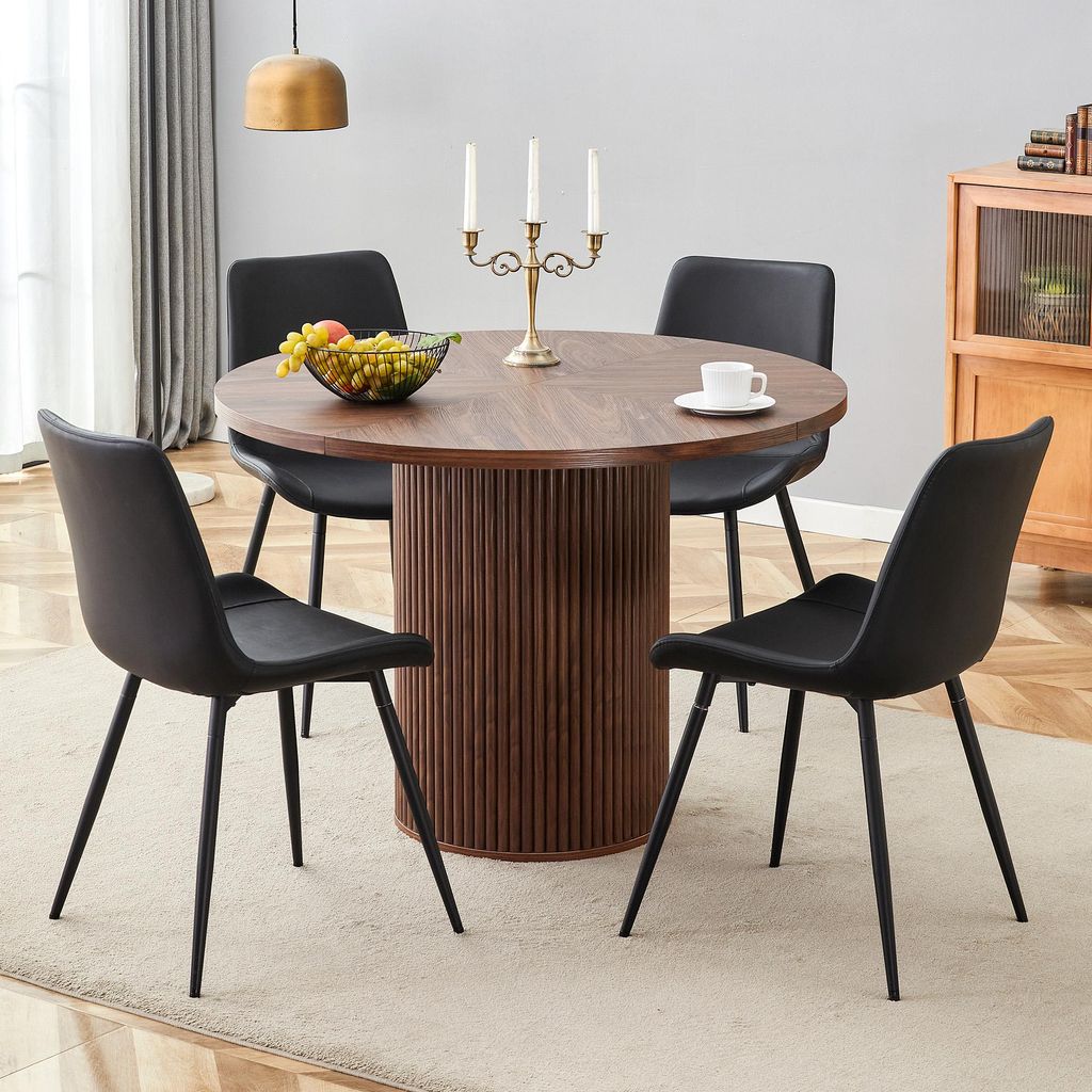 STILVORA Küchentisch mit 100 cm MDF Tischplatte in Nussbaumholzoptik Esstisch-Set mit 4 Stühlen aus Kunstleder schwarz mit ergonomischer Rückenl...
