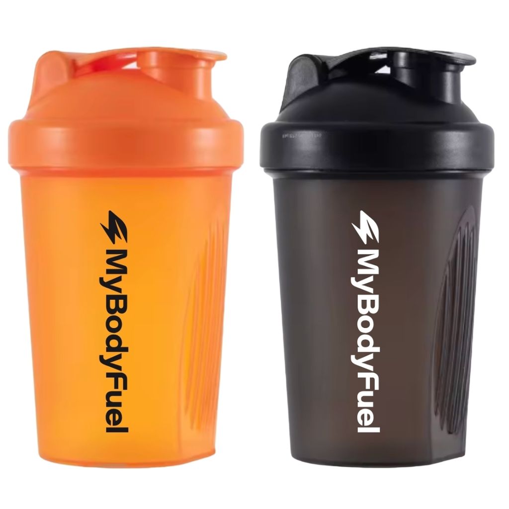 MyBodyFuel Shake Becher (2er Set) – Protein Shaker mit Mixfilter, 400 ml, BPA-frei – Für Smoothies & Proteinshakes (Orange/Schwarz)