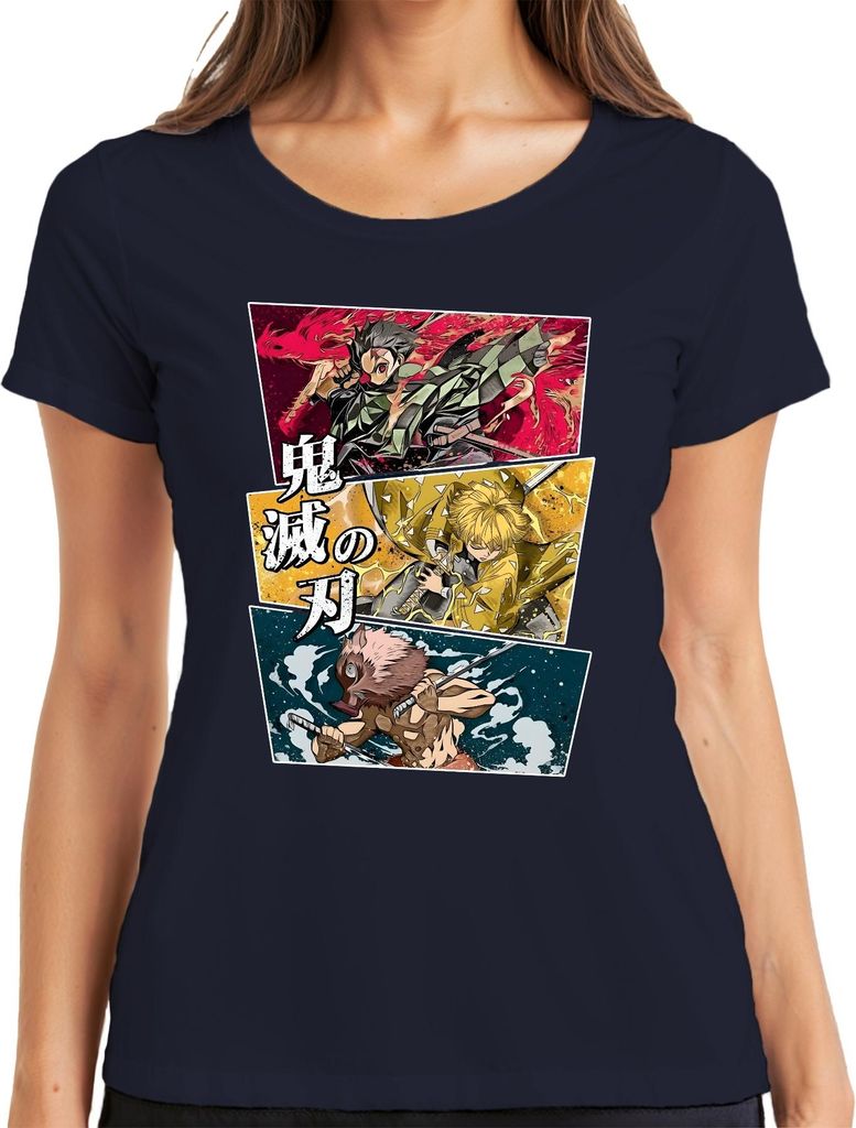 鬼滅の刃 Kimetsu no Yaiba Tanjiro Zenitsu Inosuke Anime Geschenk Damen T-Shirt, Navy, XXL