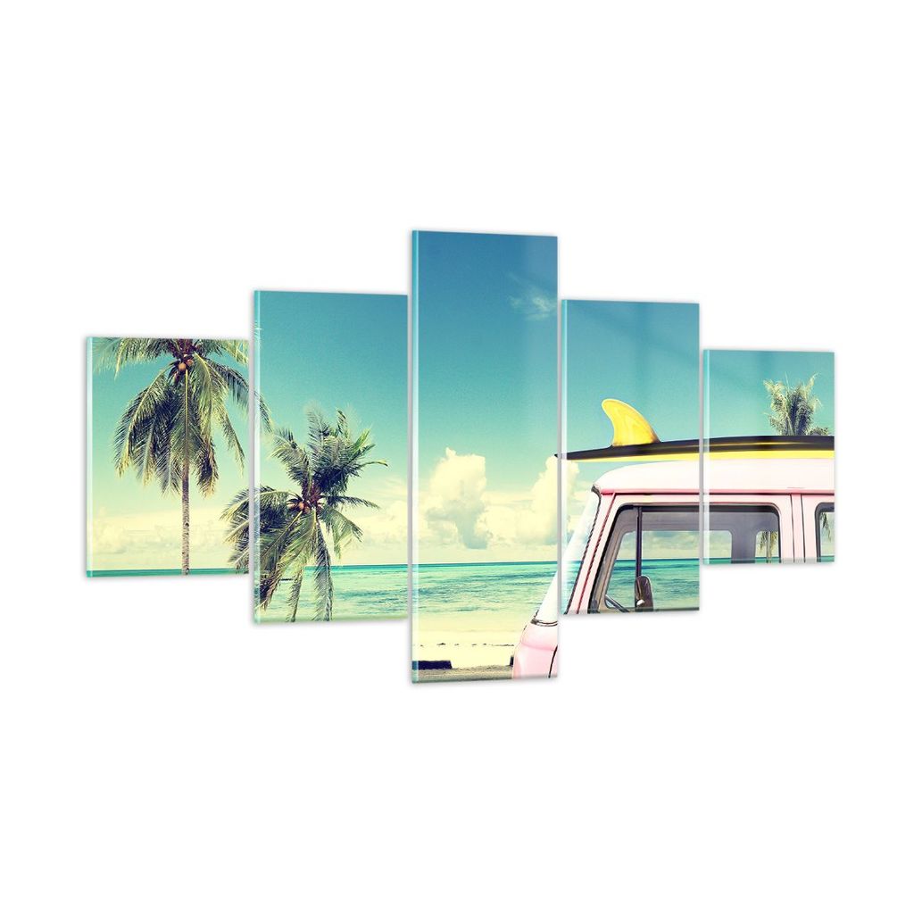 Bilder auf glas - Auto Surfbrett Strand Ozean - 125x70cm - Glasbilder - Wandbilder - Kunstdruck - zum Aufhängen bereit - Wanddekoration aus Glas -...