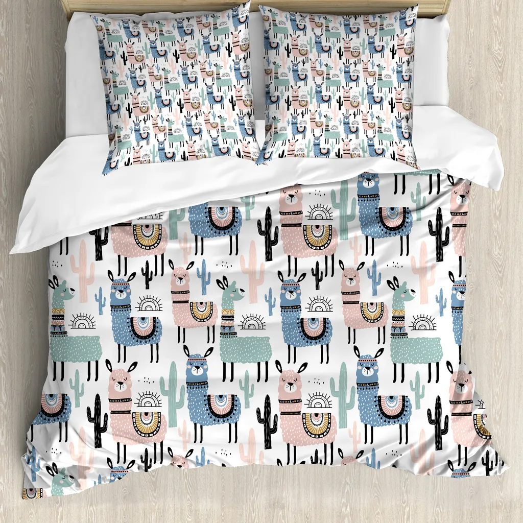 ABAKUHAUS Copripiumino Lama, disegno cartoon per bambini, antiacaro, adatto a chi soffre di allergie, con federe, 200 cm x 200 cm - 80 x 80 cm, multicolore