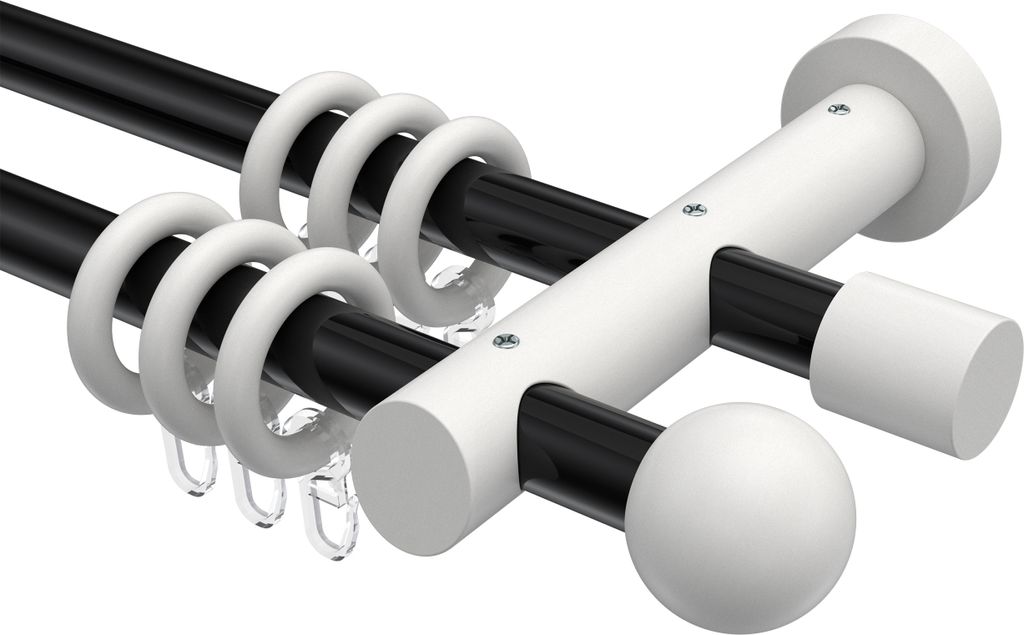 Interdeco Gardinenstange / Vorhangstange Schwarz / Weiß, Typ Talena Luina (Kugel), 20 mm Ø 2-läufig, 120 cm