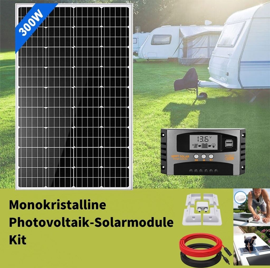 300W Solarpanel Kit Photovoltaik Solaranlage 12V Mit feste Halterung für Wohnmobil Wohnwagen Haushalt