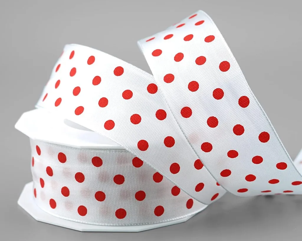 Ruban de décoration à pois blanc rouge 20m x 40mm - Taffetas avec fil