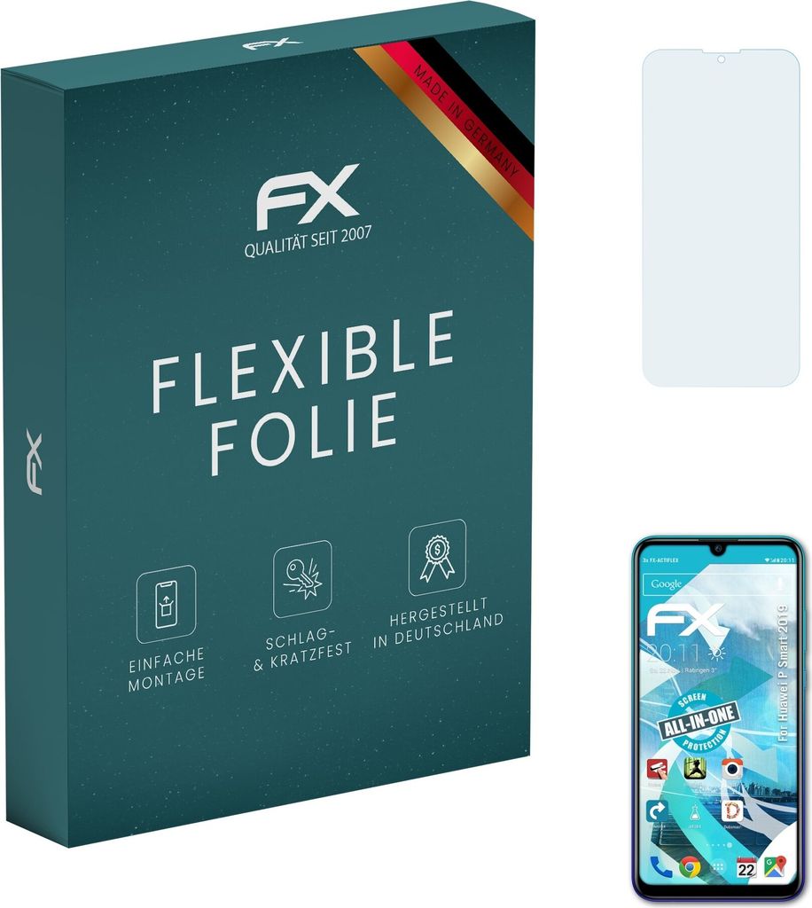 atFoliX FX-ActiFleX 3x Schutzfolie kompatibel mit Huawei P Smart 2019 Folie