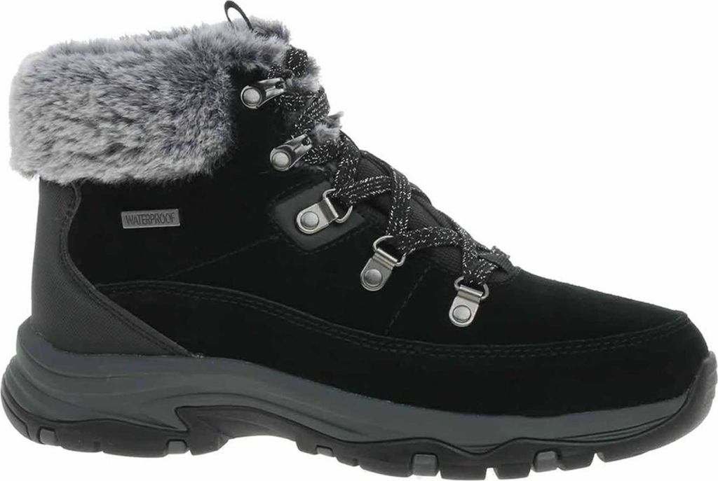 A black winter boot with gray fur trim.