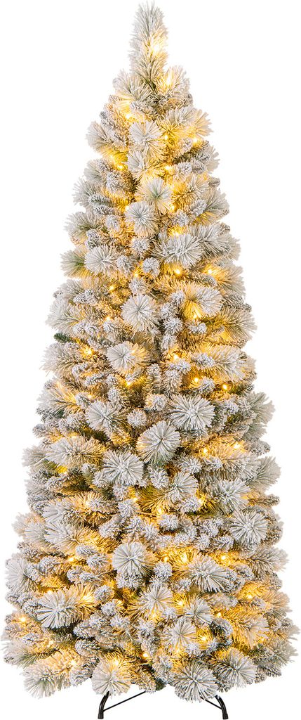A flocked artificial Christmas tree with warm white LED lights.