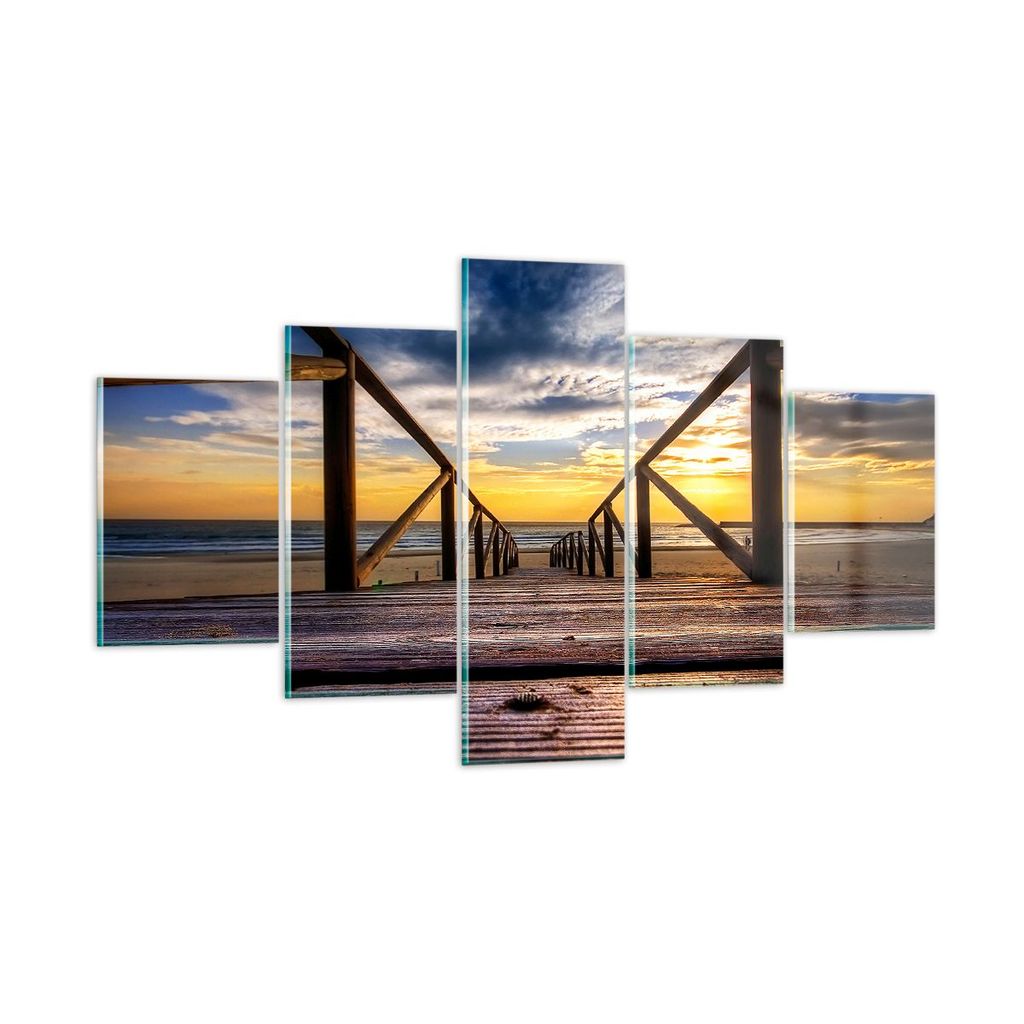 Bilder auf glas - Strand Ozean Sand Holzbrücke Sonnenuntergang - 125x70cm - Glasbilder - Wandbilder - Kunstdruck - Wanddekoration aus Glas - Glas ...