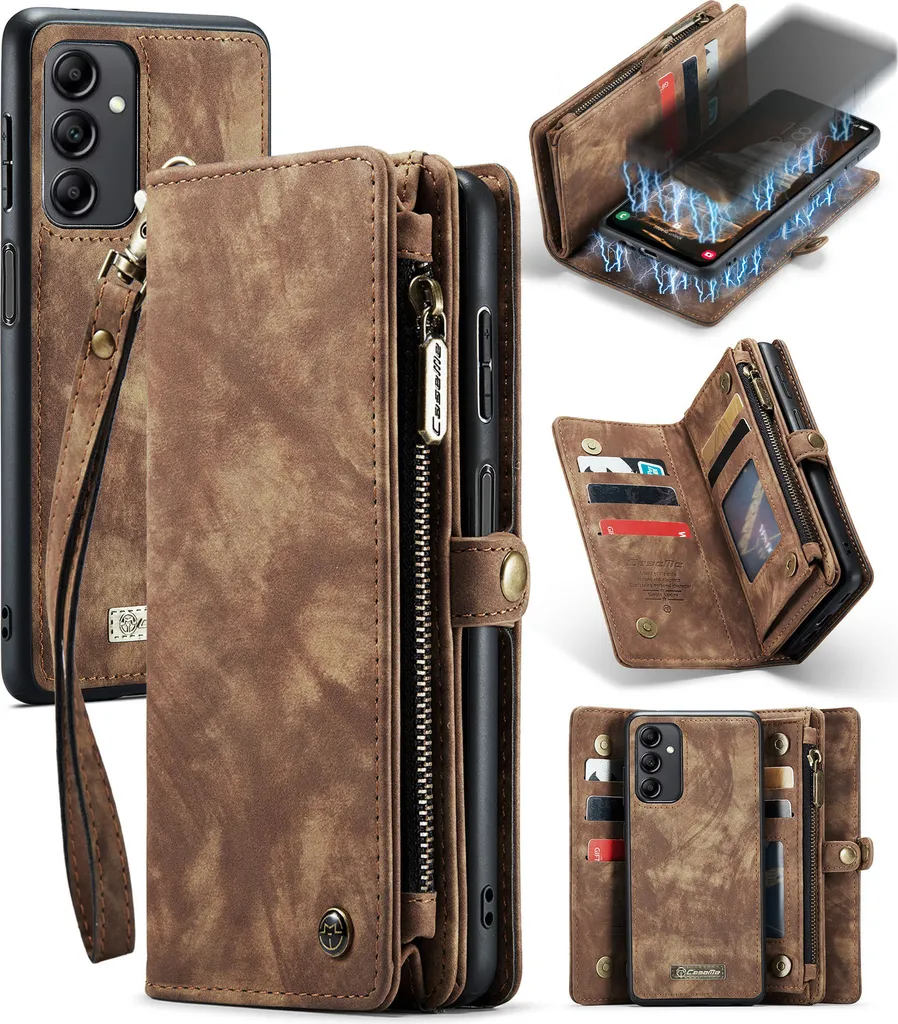 Custodia Samsung A14 5G 4G Pelle Vintage Brown Zipper Wallet